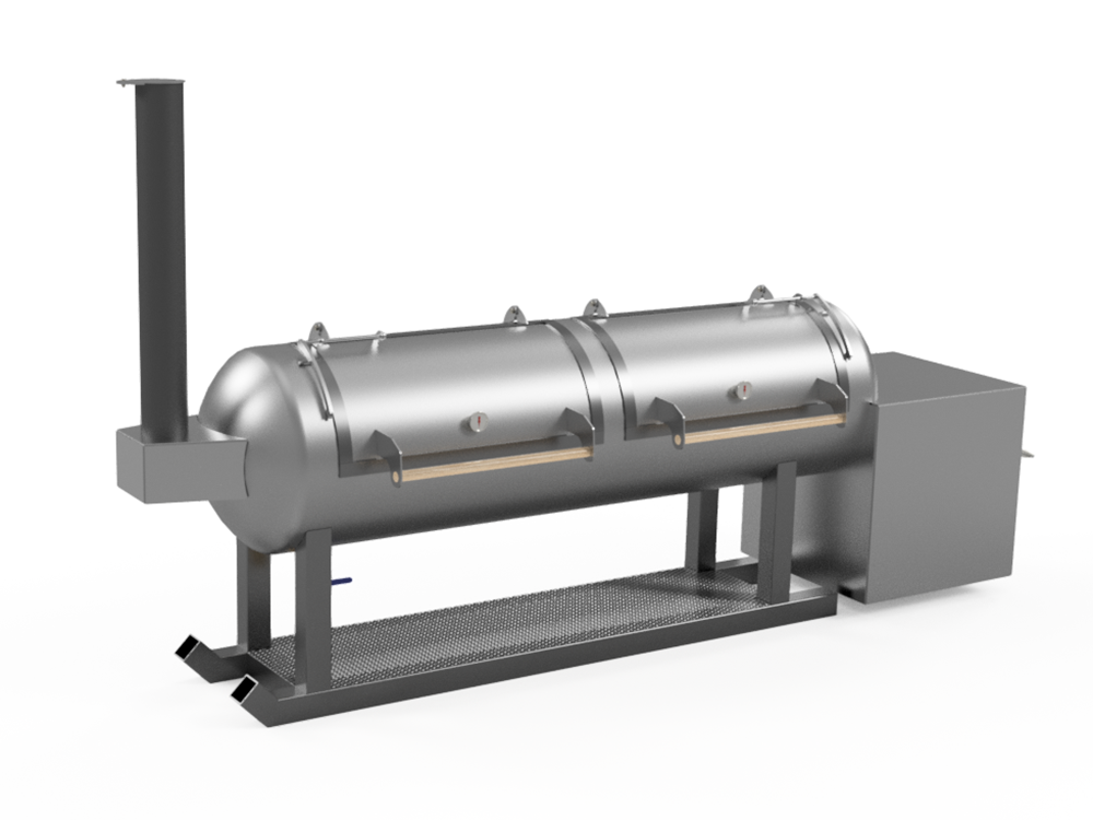 a CAD image of an offset smoker on a sled with 2 doors