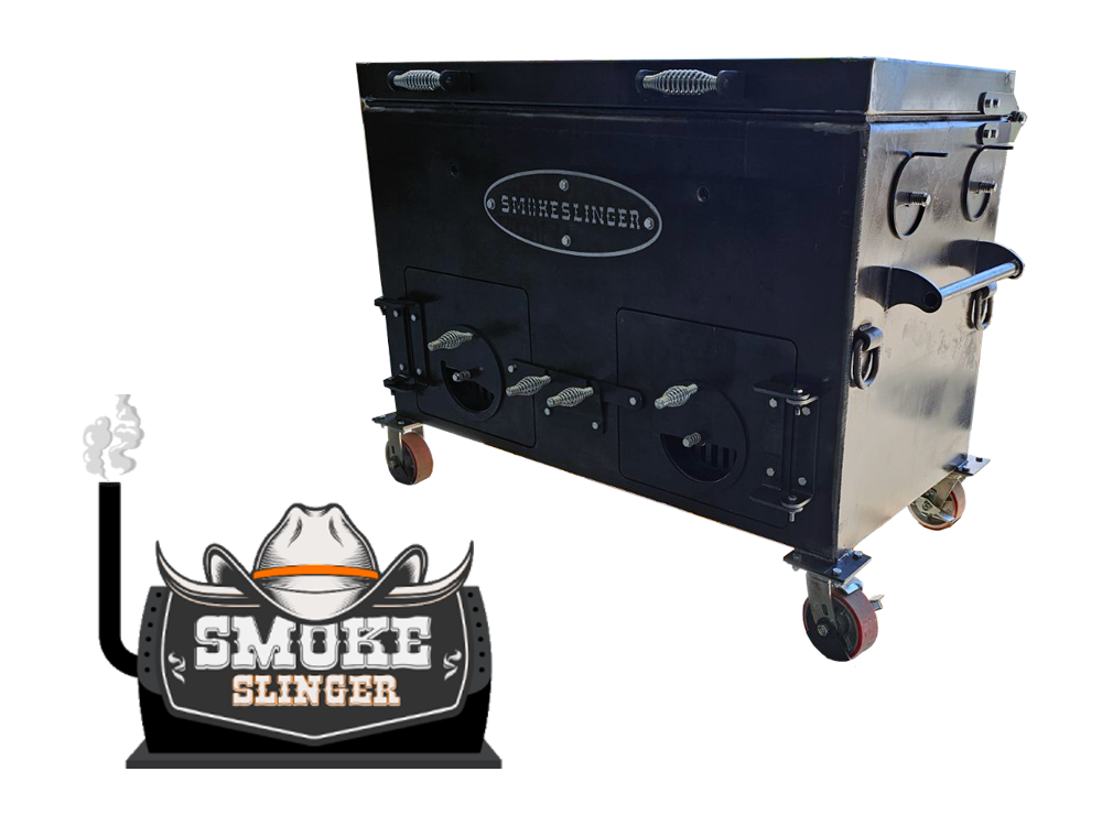 a smokeslinger direct heat smoker on a white background with the smokeslinger logo in the bottom right corner