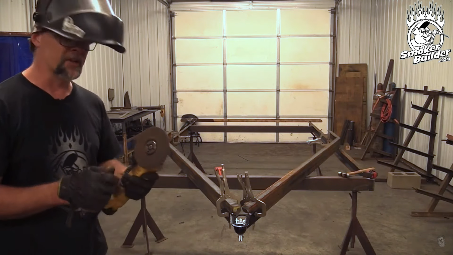 Smoker trailer frame being tacked together in the shop